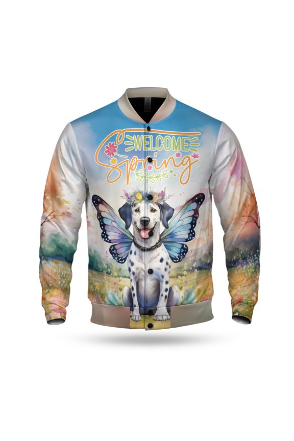 Welcome Spring Fairy Dalmatian in Flower Meadow All Over Print 3D Baseball Jacket Dog Lover Bomber Jacket Softball - 13002