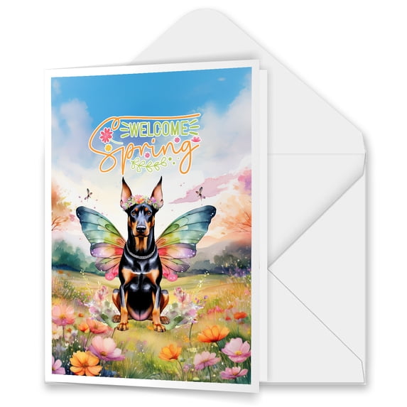 Welcome Spring Fairy Doberman Pinscher in Flower Meadow 5x7in Folded Greeting Card Doberman Dog Lover Gifts Single Note Card with Envelope - 13002