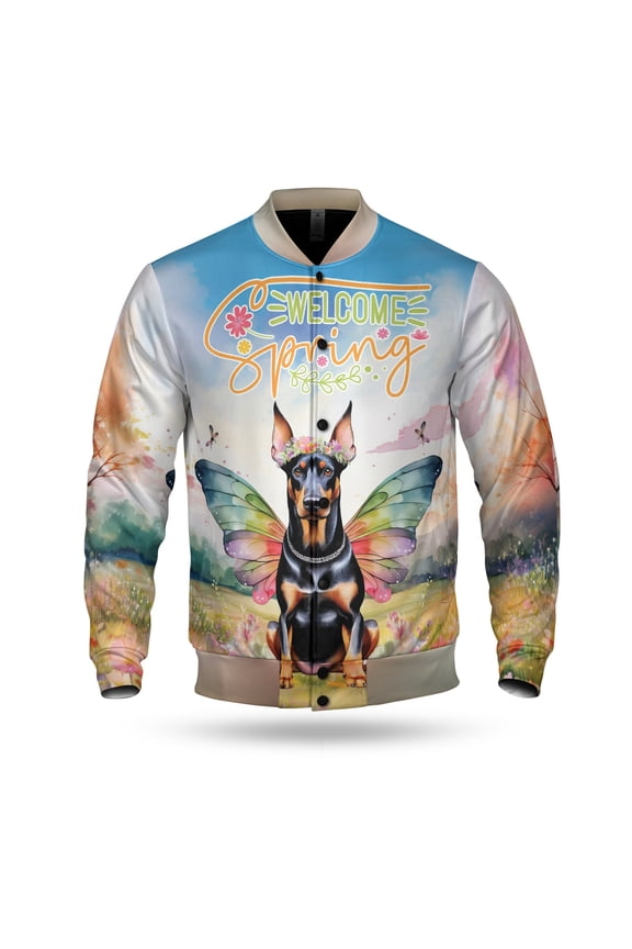 Welcome Spring Fairy Doberman Pinscher in Flower Meadow All Over Print 3D Baseball Jacket Doberman Dog Lover Gifts Bomber Jacket Softball - 13002