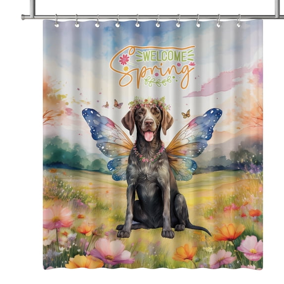 Welcome Spring Fairy German Shorthaired Pointer in Flower Meadow Shower Curtain GSP Lover Dog Gift Waterproof Bathroom Bathtub Curtain - 13002