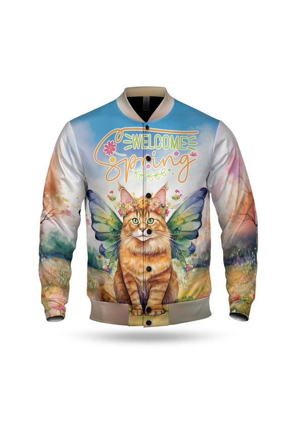 Welcome Spring Fairy Maine Coon in Flower Meadow All Over Print 3D Baseball Jacket Cat Lover Kitten Owner Gifts Bomber Jacket Softball - 13002