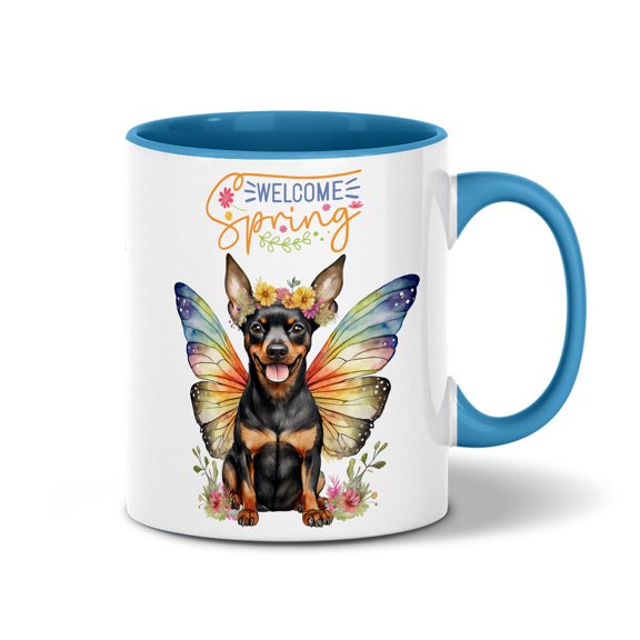 Welcome Spring Fairy Miniature Pinscher in Flower Meadow 11oz Accent Two-tone Mug Mini Pin Dog Lover Coffee Tea Cup - 13002