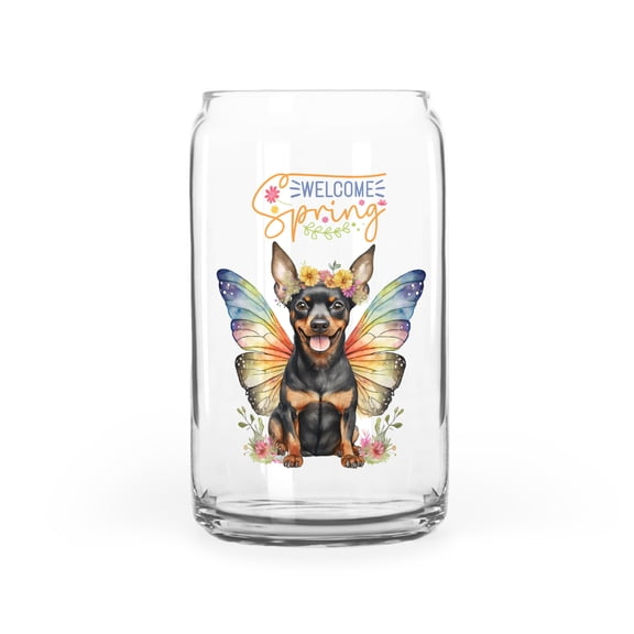 Welcome Spring Fairy Miniature Pinscher in Flower Meadow 16oz Glass Cup Mug Mini Pin Dog Lover Glass Can - 13002