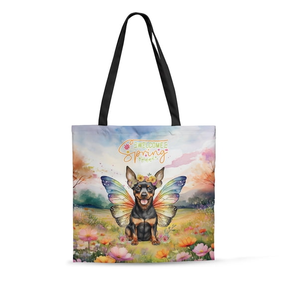 Welcome Spring Fairy Miniature Pinscher in Flower Meadow All Over Print 3D Canvas Tote Bag Mini Pin Dog Lover Reusable Handbag - 13002