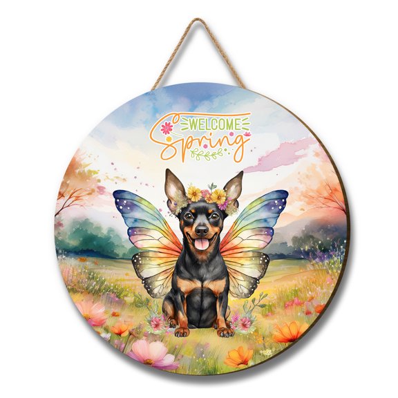 Welcome Spring Fairy Miniature Pinscher in Flower Meadow Round Wood Sign Mini Pin Dog Lover Hanging Wall Home Decor - 13002