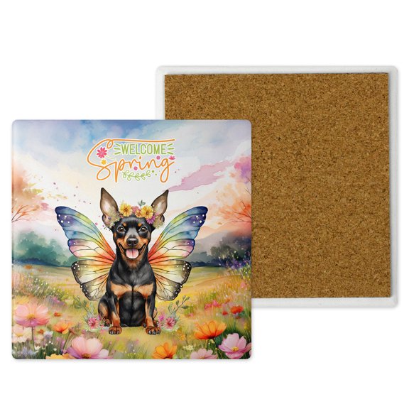 Welcome Spring Fairy Miniature Pinscher in Flower Meadow Set of 4 Stone Coasters Mini Pin Dog Lover 4x4in Absorbent Soapstone Coaster - 13002