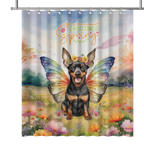 Welcome Spring Fairy Miniature Pinscher in Flower Meadow Shower Curtain Mini Pin Dog Lover Waterproof Bathroom Bathtub Curtain - 13002