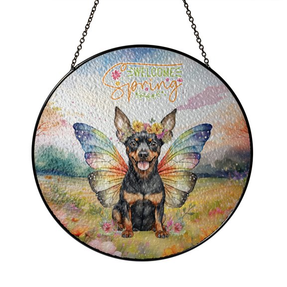 Welcome Spring Fairy Miniature Pinscher in Flower Meadow Stained Glass Suncatcher Mini Pin Dog Lover Window Hanging Sign Decor - 13002