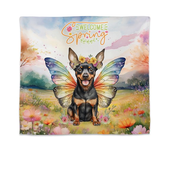 Welcome Spring Fairy Miniature Pinscher in Flower Meadow Tapestry Mini Pin Dog Lover Wall Hanging Backdrop Home Decor - 13002