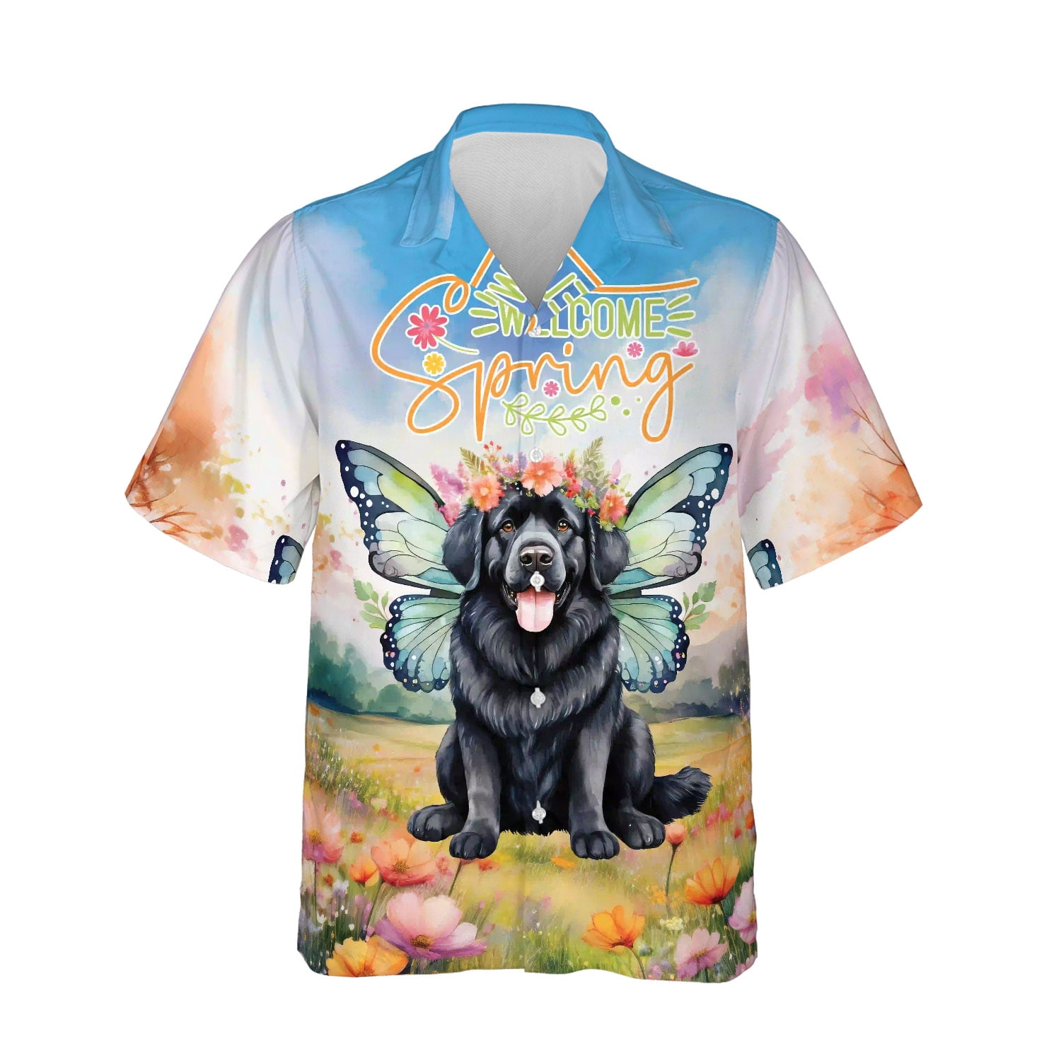 Welcome spring fairy newfoundland in flower meadow hawaiian shirt