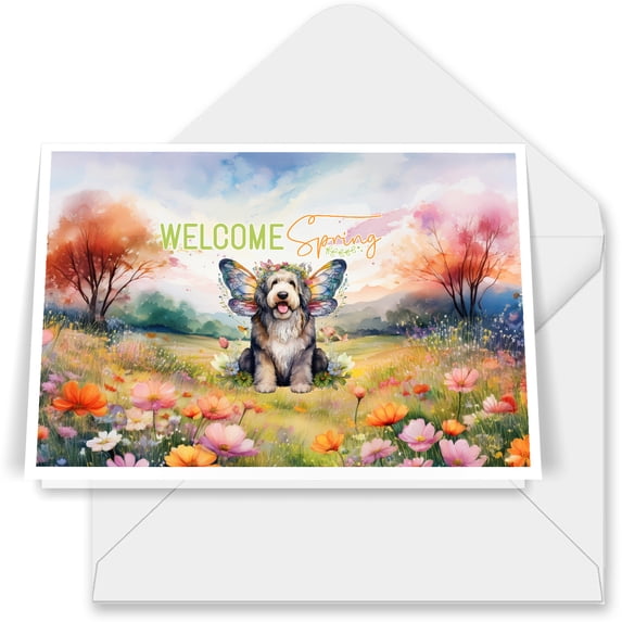 Welcome Spring Fairy Old English Sheepdog in Flower Meadow 7x5in Folded Greeting Card Dog Lover Single Note Card with Envelope - 13002