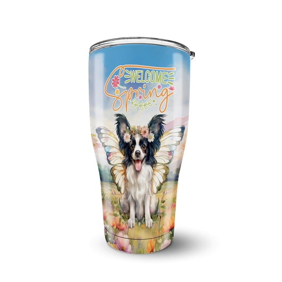 Welcome Spring Fairy Papillon in Flower Meadow 30oz Stainless Steel Tumbler Insulated Cup with Lid Pap Butterfly Dog Lover - 13002