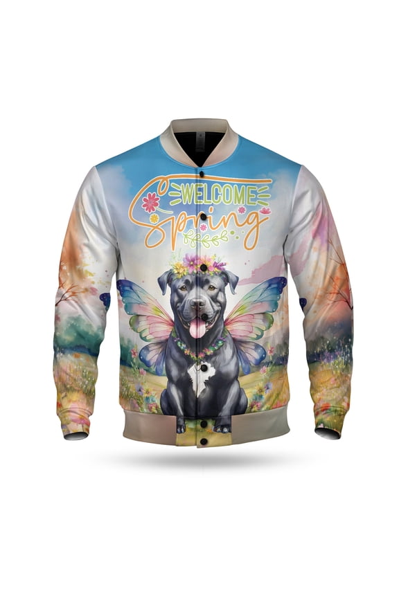Welcome Spring Fairy Pitbull in Flower Meadow All Over Print 3D Baseball Jacket Terrier Dog Lover Bomber Jacket Softball - 13002