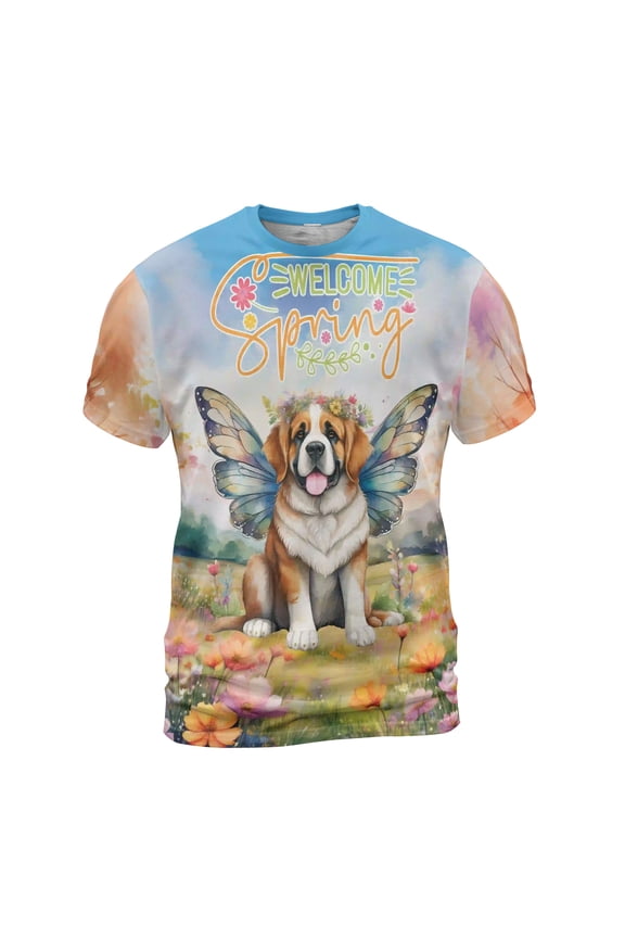 Welcome Spring Fairy Saint Bernard in Flower Meadow All Over Print 3D Shirt Unisex Merch St Dog Lover - 13002