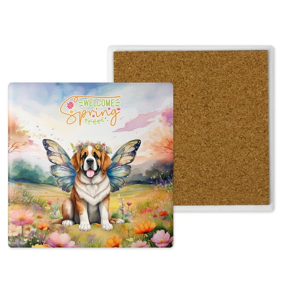 Welcome Spring Fairy Saint Bernard in Flower Meadow Set of 4 Stone Coasters St Dog Lover 4x4in Absorbent Soapstone Coaster - 13002