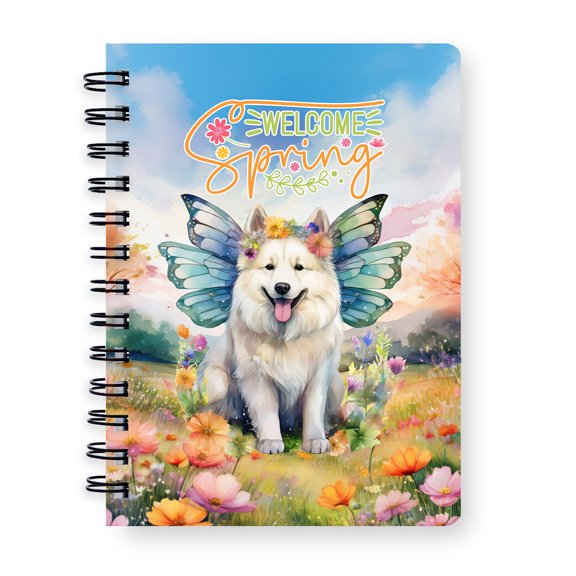 Welcome Spring Fairy Samoyed in Flower Meadow Spiral Bound Journal Siberian Sammy Dog Lover 5x7in Spiral Notebook - 13002