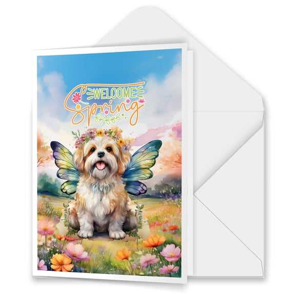 Welcome Spring Fairy Shih Tzu in Flower Meadow 5x7in Folded Greeting Card Lion Dog Lover Gifts Single Note Card with Envelope - 13002