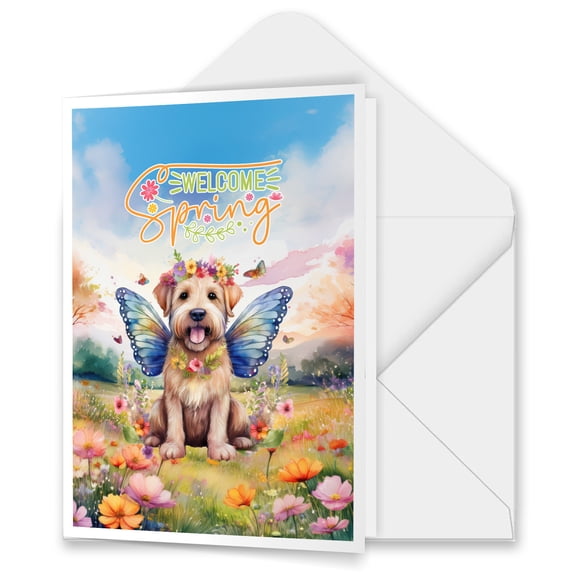 Welcome Spring Fairy Soft Coated Wheaten Terrier in Flower Meadow 5x7in Folded Greeting Card Wheatie Dog Lover Single Note Card with Envelope - 13002