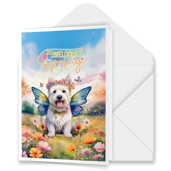 Welcome Spring Fairy West Highland White Terrier in Flower Meadow 5x7in Folded Greeting Card Westie Westy Dog Lover Single Note Card with Envelope - 13002