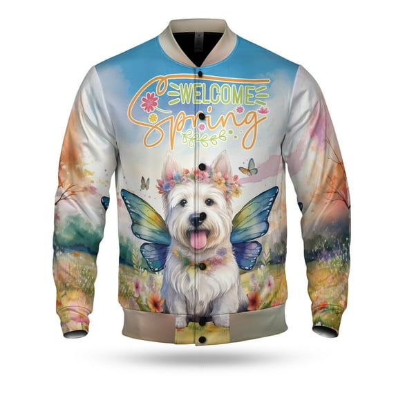 Welcome Spring Fairy West Highland White Terrier in Flower Meadow All Over Print 3D Baseball Jacket Westie Westy Dog Lover Bomber Jacket Softball - 13002