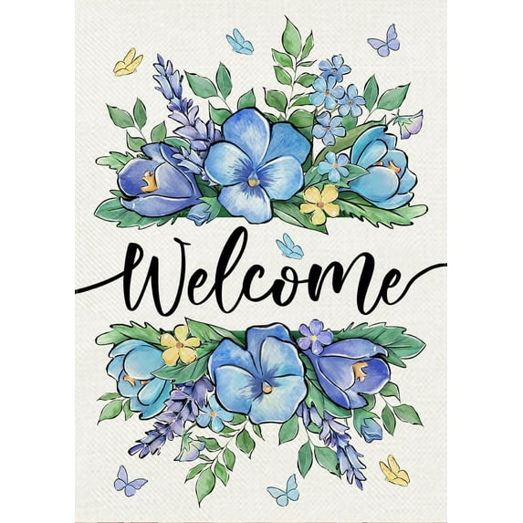 Welcome Spring Floral Flowers Decorative Garden Flag, Blue Pansy Lavender Butterfly Yard Outside Decorations, Summer Seasonal Outdoor Small Burlap Home Decor Double Sided 12 x 18