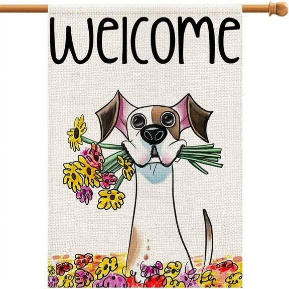 Welcome Spring Flower House Flag 28x40 Inch Double Sided Burlap Outside, Seasonal Floral Dog Sign Yard Farmhouse Outdoor Decor DF239-28