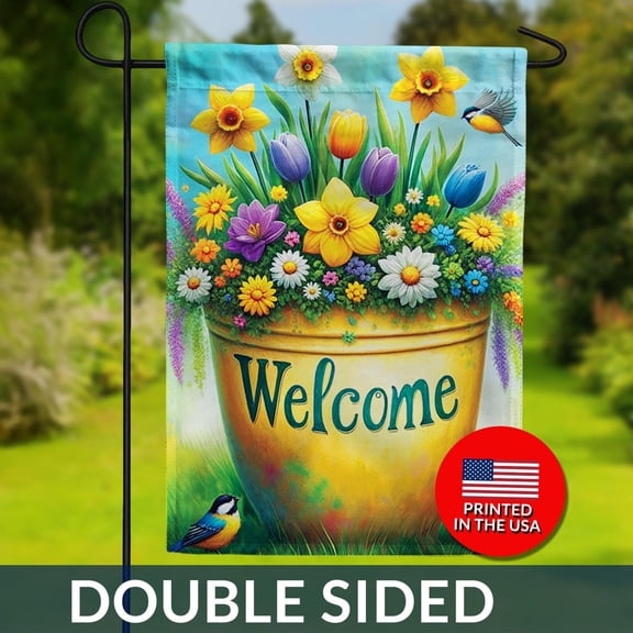Welcome Spring Flower Pot Garden Flag Double Sided