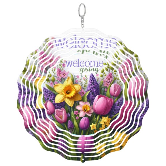 Welcome Spring Flowers Checkered 3D Wind Spinner Kinetic Hanging Aluminum Seasonal Home Decor Round