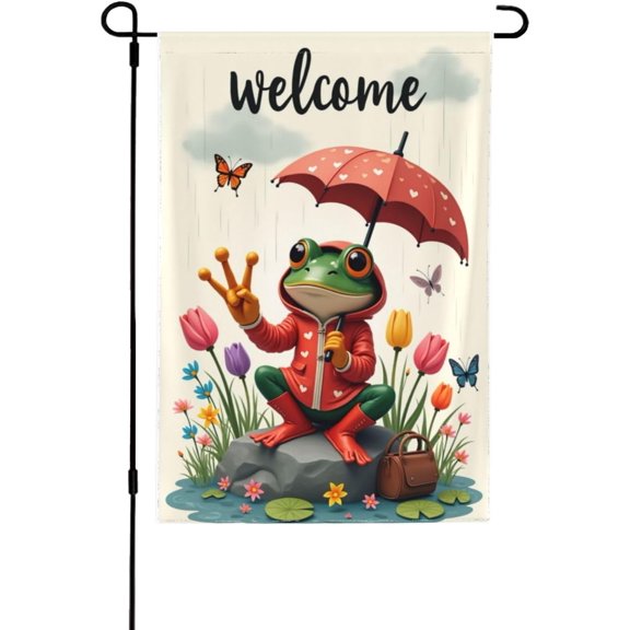 Welcome Spring Frog Garden Flag 12X18 Inch Double Sided Spring Rainy Day Frog In Red Raincoat With Umbrella Cute Frog Floral Butterfly Yard Flag Outdoor Yard Lawn Seasonal Decor Farmhouse Style