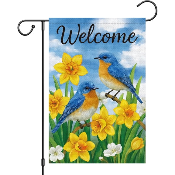 Welcome Spring Garden Flag 12x18 Double Sided Burlap, Blue Birds & Yellow Daffodils Yard Banner for Rustic Seasonal Summer Flower Floral Outdoor Decoration (ONLY FLAG)