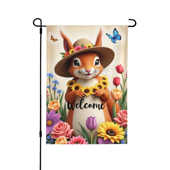 Welcome Spring Garden Flag 12x18 Inch, Cute Squirrel With Flowers And Butterflies, Double Sided Outdoor Yard Flag For Home, Patio, Lawn Decoration, Seasonal Farmhouse Decor
