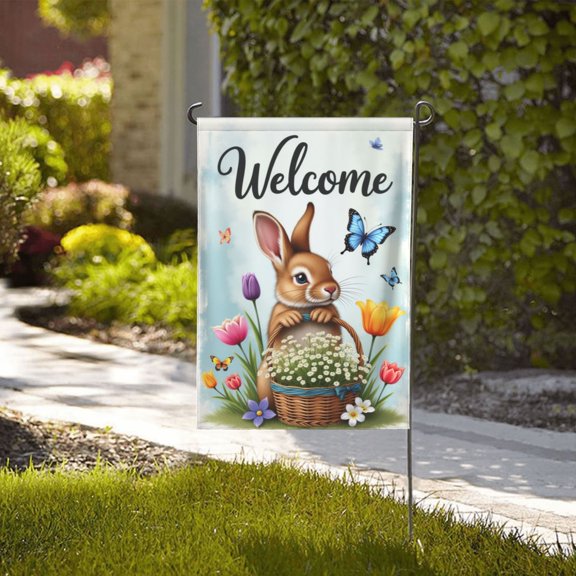 Welcome Spring Garden Flag 12x18 Inch Double Sided Bunny Rabbit Flowers Basket Butterfly Springtime Yard Flag Outdoor Decoration
