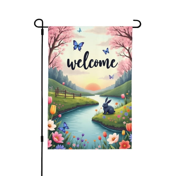 Welcome Spring Garden Flag 12x18 Inch Double Sided, Bunny Rabbit & Flowers By The River, Springtime Sunrise Landscape, Outdoor Yard Decor, House Flag, Seasonal Farmhouse Banner