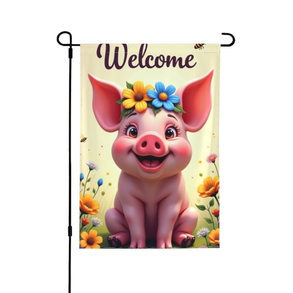 Welcome Spring Garden Flag 12x18 Inch Double Sided Cute Pig Flower Garden Flag Floral Piglet Yard Flag Outdoor House Decoration