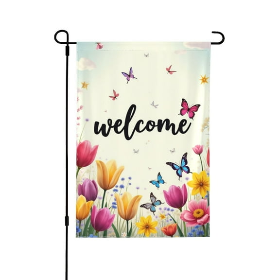 Welcome Spring Garden Flag， 12x18 Inch Double Sided Floral Butterfly Tulip Garden Flag， Outdoor Yard Lawn Decor， Seasonal Farmhouse Banner