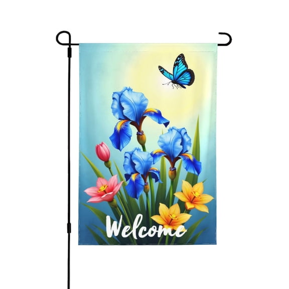 Welcome Spring Garden Flag 12x18 Inch Double Sided Iris Flowers Butterfly Floral Garden Decor Seasonal Yard Flag Outdoor Decoration