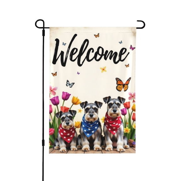 Welcome Spring Garden Flag 12x18 Inch Double Sided Miniature Schnauzer Dogs Flowers Butterflies Spring Summer Garden Yard Flag Outdoor Decor