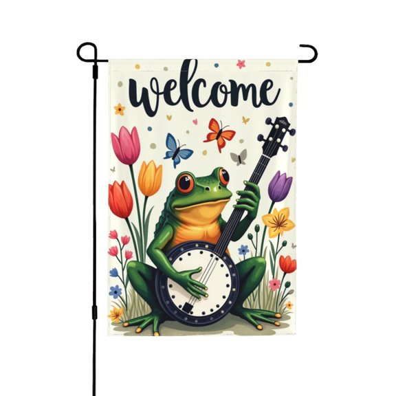Welcome Spring Garden Flag 12x18 Inch Double Sided,Musical Frog Playing Banjo Flowers Butterflies Garden Yard Flag Outdoor Decoration