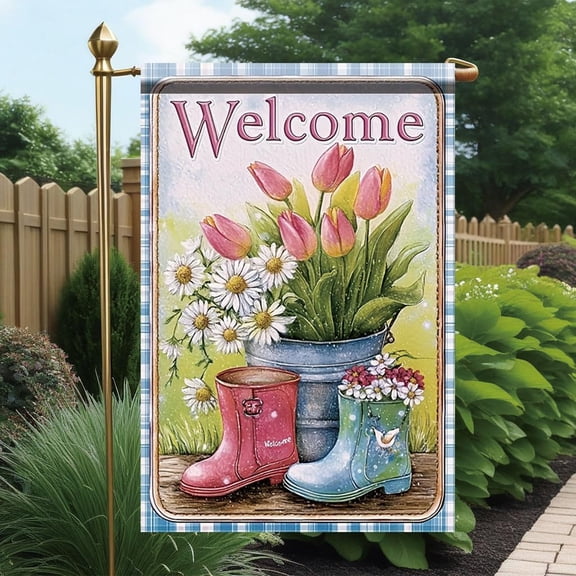 Welcome Spring Garden Flag 12x18 Inch Double Sided Outdoor Yard Banner Tulip Daisy Flower Boots Design for Porch Patio Lawn Garden Easter Seasonal Decoration Decor