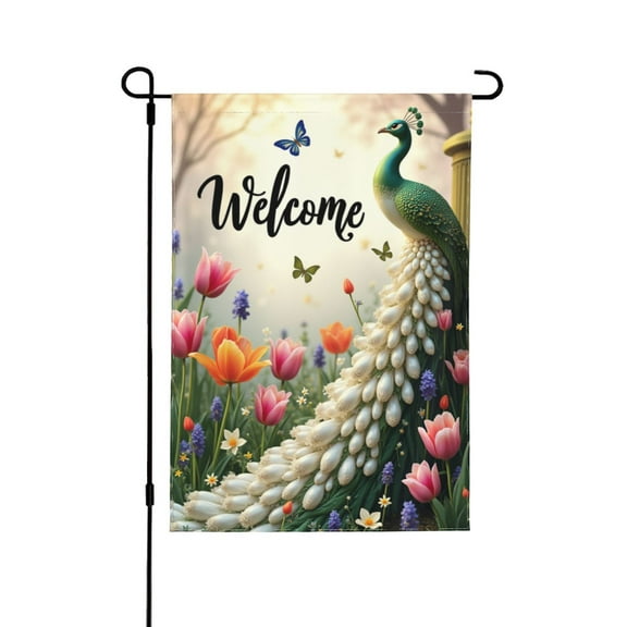 Welcome Spring Garden Flag 12x18 Inch Double Sided Peacock Flowers Butterfly Garden Decor Outdoor Yard Flag