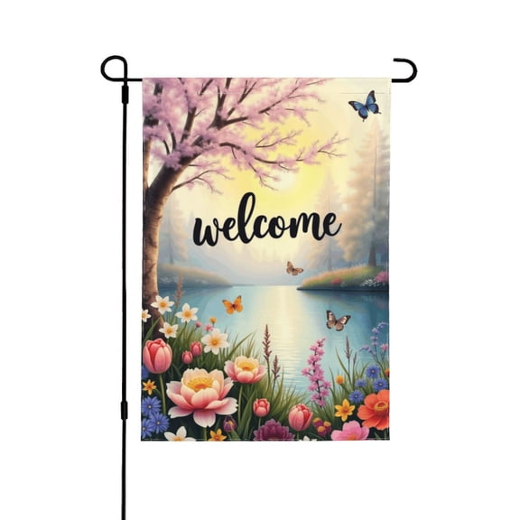Welcome Spring Garden Flag 12x18 Inch Double Sided, Serene Lakeside Floral Butterfly Garden Decor, Beautiful Blooming Flowers & Peaceful Lake Scene Yard Flag Outdoor Decoration
