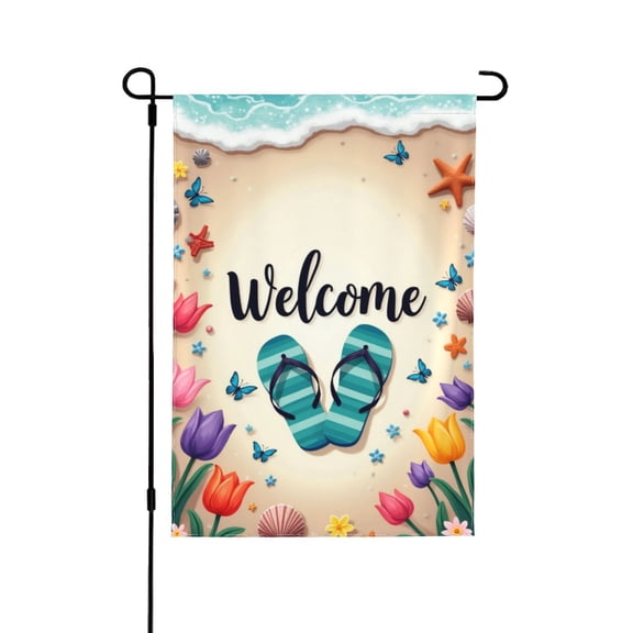 Welcome Spring Garden Flag 12x18 Inch Double Sided, Summer Beach Nautical Decor Flag With Flip Flops, Butterflies, Flowers, Seashells For Yard Lawn Outdoor Patio House Decoration