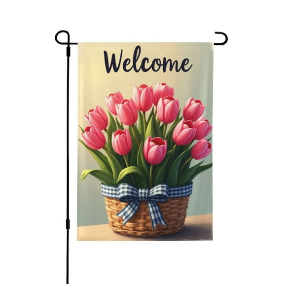 Welcome Spring Garden Flag 12x18 Inch Double Sided Tulip Basket Floral Design Outdoor Yard Decor House Flag Seasonal Farmhouse Decoration