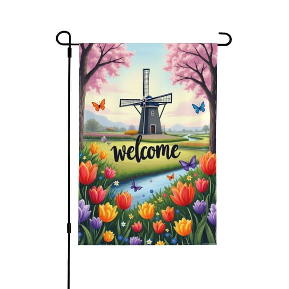 Welcome Spring Garden Flag 12x18 Inch Double Sided Windmill Tulips Flowers Butterfly Landscape Yard Flag Outdoor Decor
