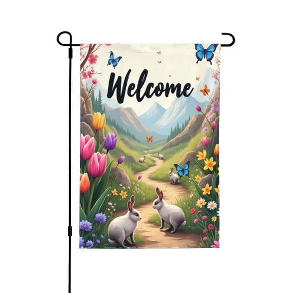 Welcome Spring Garden Flag 12x18 Inch， DoubleSided Outdoor Yard Flag， Rabbits & Flowers， Mountain Scenery， Seasonal Farmhouse Decor， Springtime Decoration