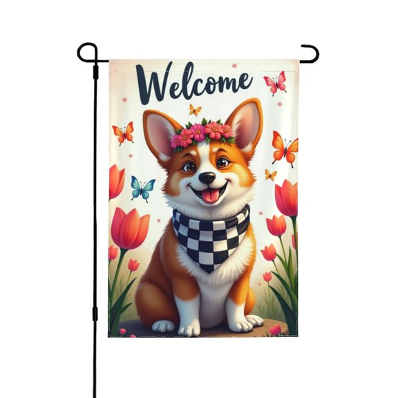 Welcome Spring Garden Flag Adorable Corgi Dog With Flower Crown & Checkered Bandana DoubleSided 12x18 Inch Yard Flag Spring Summer Outdoor Patio Decor