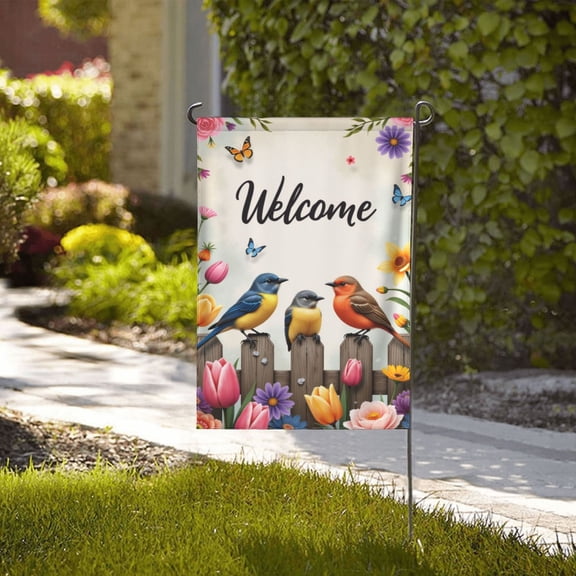 Welcome Spring Garden Flag Birds Flowers Double Sided 12x18 Inch Outdoor Yard DecorationFloral Butterfly Bird Garden Flag For House Patio Lawn Small Yard Farmhouse Patriotic Holiday Gifts