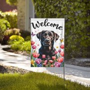 Welcome Spring Garden Flag Black Lab Dog & Tulips DoubleSided 12x18 Inch Outdoor Yard Decor Seasonal House Flag Floral Butterfly Design Home Gifts for Men Women Birthday Gifts Memorial Day