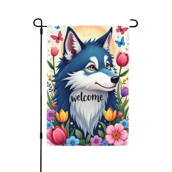 Welcome Spring Garden Flag Blue Wolf With Flowers, DoubleSided 12x18 Inch Outdoor Yard Decor, Seasonal Farmhouse Banner