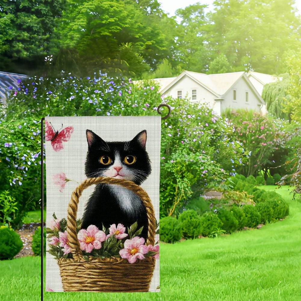 Black &amp; White Cat In Flowers, Outdoor Garden Flag, 12"x18" - Flag Only &ndash; My Urban Backyard